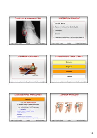 6
Fractura por arrancamiento (G III)
Curso de primeros auxilios Tema VI 17 de Noviembre de 2015
TRATAMIENTO ESGUINCE
Curso de primeros auxilios Tema VI 17 de Noviembre de 2015
1. Frío local: HIELO
2. Reposo (Inmovilización en Grados II y III)
3. Compresión
4. Elevación
5. Tratamiento medico (AINES) o Quirúrgico (Grado III)
TRATAMIENTO ESGUINCE
Curso de primeros auxilios Tema VI 17 de Noviembre de 2015 Curso de primeros auxilios Tema VI 17 de Noviembre de 2015
Contusión
Esguince
Luxación
Fractura
LESIONES OSTEO-ARTICULARES
Curso de primeros auxilios Tema VI 17 de Noviembre de 2015
Luxación
es una lesión cápsulo-ligamentosa
con pérdida del contacto de las superficies articulares
por causa de un trauma grave
puede ser total (luxación) o parcial (subluxación)
- Dolor agudo
- Impotencia funcional inmediata y absoluta
- Aumento de volumen
- Deformidad
- Posible daño a nivel neuro-vascular
- Hemartrosis (si no hay rotura cápsulo-ligamentosa)
LESIONES OSTEO-ARTICULARES LUXACIÓN ARTICULAR
Curso de primeros auxilios Tema VI 17 de Noviembre de 2015
 