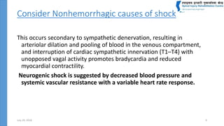 Consider Nonhemorrhagic causes of shock
This occurs secondary to sympathetic denervation, resulting in
arteriolar dilation and pooling of blood in the venous compartment,
and interruption of cardiac sympathetic innervation (T1–T4) with
unopposed vagal activity promotes bradycardia and reduced
myocardial contractility.
Neurogenic shock is suggested by decreased blood pressure and
systemic vascular resistance with a variable heart rate response.
July 24, 2018 9
 