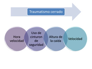 Traumatismo cerrado
Hora
velocidad
Uso de
cinturon
de
seguridad
Altura de
la caida
Velocidad
 