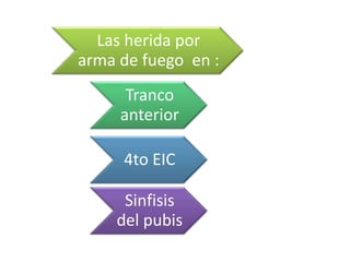 Las herida por
arma de fuego en :
Tranco
anterior
4to EIC
Sinfisis
del pubis
 