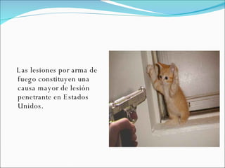 Las lesiones por arma de fuego constituyen una causa mayor de lesión penetrante en Estados Unidos. 