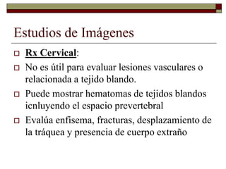 Estudios de Imágenes
 Rx Cervical:
 No es útil para evaluar lesiones vasculares o
relacionada a tejido blando.
 Puede mostrar hematomas de tejidos blandos
icnluyendo el espacio prevertebral
 Evalúa enfisema, fracturas, desplazamiento de
la tráquea y presencia de cuerpo extraño
 