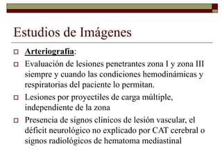 Estudios de Imágenes
 Arteriografía:
 Evaluación de lesiones penetrantes zona I y zona III
siempre y cuando las condiciones hemodinámicas y
respiratorias del paciente lo permitan.
 Lesiones por proyectiles de carga múltiple,
independiente de la zona
 Presencia de signos clínicos de lesión vascular, el
déficit neurológico no explicado por CAT cerebral o
signos radiológicos de hematoma mediastinal
 