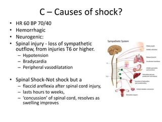 C – Causes of shock?
• HR 60 BP 70/40
• Hemorrhagic
• Neurogenic:
• Spinal injury - loss of sympathetic
outflow, from injuries T6 or higher.
– Hypotension
– Bradycardia
– Peripheral vasodilatation
• Spinal Shock-Not shock but a
– flaccid areflexia after spinal cord injury,
– lasts hours to weeks,
– ‘concussion’ of spinal cord, resolves as
swelling improves
 