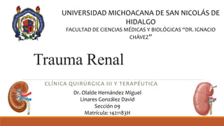 Trauma Renal
CLÍNICA QUIRÚRGICA III Y TERAPÉUTICA
UNIVERSIDAD MICHOACANA DE SAN NICOLÁS DE
HIDALGO
FACULTAD DE CIENCIAS MÉDICAS Y BIOLÓGICAS “DR. IGNACIO
CHÁVEZ”
Dr. Olalde Hernández Miguel
Linares González David
Sección 09
Matrícula: 1421183H
 
