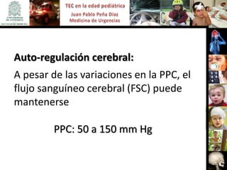 Auto-regulación cerebral:
A pesar de las variaciones en la PPC, el
flujo sanguíneo cerebral (FSC) puede
mantenerse

         PPC: 50 a 150 mm Hg
 