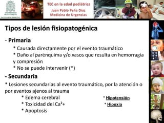 Tipos de lesión fisiopatogénica
- Primaria
   * Causada directamente por el evento traumático
   * Daño al parénquima y/o vasos que resulta en hemorragia
   y compresión
   * No se puede intervenir (*)
- Secundaria
* Lesiones secundarias al evento traumático, por la atención o
por eventos ajenos al trauma
       * Edema cerebral                     * Hipotensión
       * Toxicidad del Ca²+                  * Hipoxia
       * Apoptosis
 