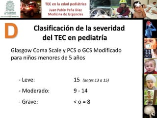 D         Clasificación de la severidad
             del TEC en pediatría
Glasgow Coma Scale y PCS o GCS Modificado
para niños menores de 5 años


    - Leve:            15   (antes 13 a 15)

    - Moderado:        9 - 14
    - Grave:           <o=8
 