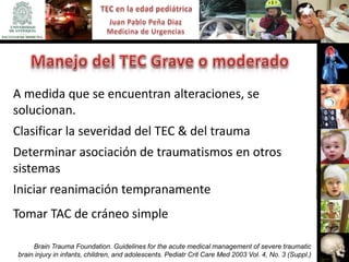 A medida que se encuentran alteraciones, se
solucionan.
Clasificar la severidad del TEC & del trauma
Determinar asociación de traumatismos en otros
sistemas
Iniciar reanimación tempranamente
Tomar TAC de cráneo simple

     Brain Trauma Foundation. Guidelines for the acute medical management of severe traumatic
brain injury in infants, children, and adolescents. Pediatr Crit Care Med 2003 Vol. 4, No. 3 (Suppl.)
 