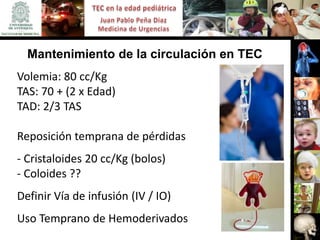 Mantenimiento de la circulación en TEC
Volemia: 80 cc/Kg
TAS: 70 + (2 x Edad)
TAD: 2/3 TAS

Reposición temprana de pérdidas
- Cristaloides 20 cc/Kg (bolos)
- Coloides ??
Definir Vía de infusión (IV / IO)
Uso Temprano de Hemoderivados
 