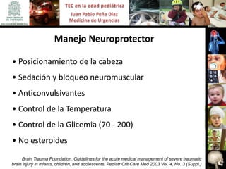 Manejo Neuroprotector

• Posicionamiento de la cabeza
• Sedación y bloqueo neuromuscular
• Anticonvulsivantes
• Control de la Temperatura
• Control de la Glicemia (70 - 200)
• No esteroides
     Brain Trauma Foundation. Guidelines for the acute medical management of severe traumatic
brain injury in infants, children, and adolescents. Pediatr Crit Care Med 2003 Vol. 4, No. 3 (Suppl.)
 