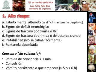 a. Estado mental alterado (es dificil mantenerlo despierto)
b. Signos de déficit neurológico
c. Signos de fractura por clínica o Rx
d. Signos de fractura deprimida o de base de cráneo
e. Irritabilidad (No se calma fácilmente)
f. Fontanela abombada

Consenso (sin evidencia):
• Pérdida de conciencia > 1 min
• Convulsión
• Vómito persistente o que empeora (> 5 o > 6 h)
 