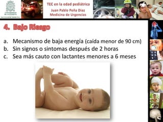 a. Mecanismo de baja energía (caída menor de 90 cm)
b. Sin signos o sintomas después de 2 horas
c. Sea más cauto con lactantes menores a 6 meses
 