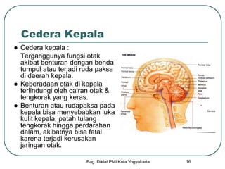 Bag. Diklat PMI Kota Yogyakarta 16
Cedera Kepala
● Cedera kepala :
Terganggunya fungsi otak
akibat benturan dengan benda
tumpul atau terjadi ruda paksa
di daerah kepala.
● Keberadaan otak di kepala
terlindungi oleh cairan otak &
tengkorak yang keras.
● Benturan atau rudapaksa pada
kepala bisa menyebabkan luka
kulit kepala, patah tulang
tengkorak hingga perdarahan
dalam, akibatnya bisa fatal
karena terjadi kerusakan
jaringan otak.
 