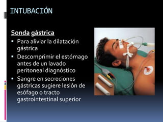 INTUBACIÓN
Sonda gástrica
 Para aliviar la dilatación
gástrica
 Descomprimir el estómago
antes de un lavado
peritoneal diagnóstico
 Sangre en secreciones
gástricas sugiere lesión de
esófago o tracto
gastrointestinal superior
 
