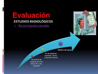 Evaluación
ESTUDIOS RADIOLÓGICOS
1. Rx en trauma cerrado
Rx lateral de
columna cervical,
tórax AP, y lat.
de pelvis
Rx de abdomen
acostado, de pie,
y decubito lateral
Sombra del psoas
ATLS. Colegio Americano de Cirujanos
 