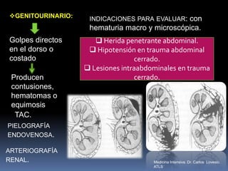GENITOURINARIO:
Golpes directos
en el dorso o
costado
Producen
contusiones,
hematomas o
equimosis
INDICACIONES PARA EVALUAR: con
hematuria macro y microscópica.
 Herida penetrante abdominal.
 Hipotensión en trauma abdominal
cerrado.
 Lesiones intraabdominales en trauma
cerrado.
TAC.
PIELOGRAFÍA
ENDOVENOSA.
ARTERIOGRAFÍA
RENAL. Medicina Intensiva. Dr. Carlos Lovesio.
ATLS
 