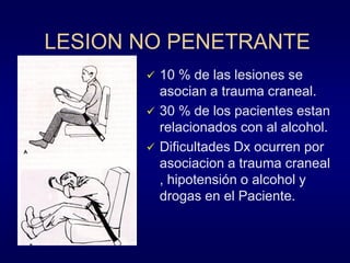 LESION NO PENETRANTE




10 % de las lesiones se
asocian a trauma craneal.
30 % de los pacientes estan
relacionados con al alcohol.
Dificultades Dx ocurren por
asociacion a trauma craneal
, hipotensión o alcohol y
drogas en el Paciente.

 