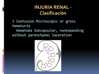 INJURIA RENAL -
             Clasificación
I Contusion Microscopic or gross
hematuria
  Hematoma Subcapsular, nonexpanding...