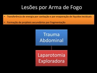 Lesões por Arma de Fogo 
• Transferência de energia por cavitação e por evaporação de líquidos teciduais 
• Formação de projéteis secundários por fragmentação 
Trauma 
Abdominal 
Laparotomia 
Exploradora 
 
