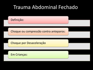 Trauma Abdominal Fechado 
Definição: 
Choque ou compressão contra anteparos: 
Choque por Desaceleração 
Em Crianças: 
 