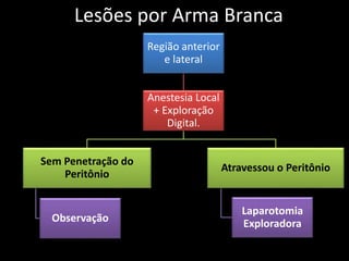 Lesões por Arma Branca 
Região anterior 
e lateral 
Anestesia Local 
+ Exploração 
Digital. 
Sem Penetração do 
Peritônio 
Observação 
Atravessou o Peritônio 
Laparotomia 
Exploradora 
 