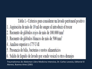Traumatismos de Abdomen Libro Medicina Intensiva, Dr. Carlos Lovesio, Editorial El 
Ateneo, Buenos Aires (2001 
 