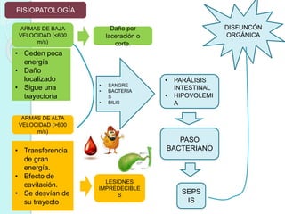 FISIOPATOLOGÍA
• SANGRE
• BACTERIA
S
• BILIS
• PARÁLISIS
INTESTINAL
• HIPOVOLEMI
A
PASO
BACTERIANO
SEPS
IS
DISFUNCÓN
ORGÁNICA
ARMAS DE BAJA
VELOCIDAD (<600
m/s)
Daño por
laceración o
corte.
• Ceden poca
energía
• Daño
localizado
• Sigue una
trayectoria
ARMAS DE ALTA
VELOCIDAD (>600
m/s)
• Transferencia
de gran
energía.
• Efecto de
cavitación.
• Se desvían de
su trayecto
LESIONES
IMPREDECIBLE
S
 