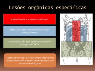 Lesões orgânicas específicas

    lesões da aorta e seus ramos principais



    lesões dos vasos renais ou dos vasos do
               parênquima renal


  vasos ilíacos; não deve ser feita abordagem
               cirúrgica IMEDIATA




Abordagem cirúrgica: incisão ampla xifopubiana;
sangramentos ativos devem ser tamponados com
            compressas cirúrgicas
 