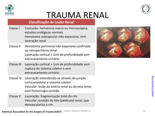 TRAUMA RENAL

Classificação de Lesão Renal
Classe I

Contusão: hematúria macro ou microscópica,
estudos urológicos normais
Hematoma subcapsular não expansivo, sem
laceração renal

Classe II

Hematoma perirrenal não expansivo confinado
ao retroperitônio renal
Laceração cortical < 1cm de profundidade sem
extravasametno urinário

www.trauma.org

Classe III Laceração cortical > 1cm de profundidade sem
ruptura do sistema coletor e sem
extravasamento urinário
Classe IV Laceração estendendo-se através da junção
corticomedular e sistema coletor
Vascular: lesão da artéria renal ou da veia renal,
com hemorragia contida.
Classe V

Laceração: fragmentação total do rim
Vascular: avulsão do hilo (pedículo) renal, que
desvasculariza o rim

American Association for the Surgery of Trauma (AAST) Izabela Augusta Medeiros

66

 