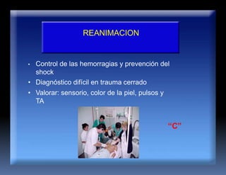 REANIMACION
• Control de las hemorragias y prevención del
shock
• Diagnóstico difícil en trauma cerrado
• Valorar: sensorio, color de la piel, pulsos y
TA
“C”
 