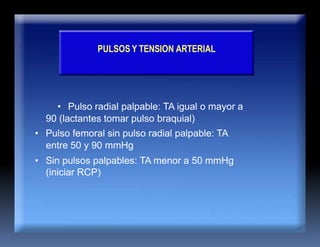 • Pulso radial palpable: TA igual o mayor a
90 (lactantes tomar pulso braquial)
• Pulso femoral sin pulso radial palpable: TA
entre 50 y 90 mmHg
• Sin pulsos palpables: TA menor a 50 mmHg
(iniciar RCP)
PULSOS Y TENSION ARTERIAL
 