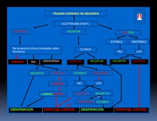 hematuria TAC LPD
TRAUMA CERRADO DE ABDOMEN
ECOTRAUMA (FAST)
POSITIVA NEGATIVA DUDOSA
ESTABLE INESTABLE
De acuerdo la clínica (inestable- dolor- CLINICA
NEGATIVA POSITIVA ESTABLE INESTABLE
CIRUGÍA TAC LPD
LAPAROSCOPIA POSITIVO NEGATIVO
INESTABLE ESTABLE
OBSERVACION EVENTUAL CIRUGIA OBSERVACION EVENTUAL CIRUGIA
POSITIVA NEGATIVAUROGRAMA POSITIVANEGATIVATACCIRUGÍA
 