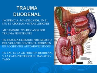 TRAUMATRAUMA
DUODENALDUODENAL
• INCIDENCIA: 3-5% DE CASOS, EN EL
87% SE ASOCIAN A OTRAS LESIONES
• MECANISMO: 77% DE CASOS POR
TRAUMA PENETRANTE
• EN TRAUMA CERRADO: POR IMPACTO
DEL VOLANTE CONTRA EL ABDOMEN
EN ACCIDENTES AUTOMOVILISTICOS
• EN TAC ES LA 2da PORCION DUODENAL
Y LA CARA POSTERIOR EL MAS AFEC-
TADO
 