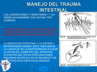 MANEJO DEL TRAUMAMANEJO DEL TRAUMA
INTESTINALINTESTINAL
LAS LACERACIONES Y HEMATOMAS < 1 Cm
DEBEN INVAGINARSE CON SUTURA TIPO
LEMBERG
AL DUDAR SOBRE LA VITALIDAD INTESTINAL
SE DEBE RESECAR Y NO TENER EL RIESGO
DE NECROSIS Y PERFORACION INTESTINAL
LA RESECCION INTESTINAL Y LA ENTERO –
ENTEROANASTOMOSIS ESTA INDICADA SI
LA LONGITUD DE LA ENTERORRAFIA EXCEDE
LA MITAD DEL DIAMETRO DEL INTESTINO
SI EXISTEN MULTIPLES PERFORACIONES
PROXIMAS ENTRE ELLOS UN SEGMENTO DE
INTESTINO ESTA DESVASCULARIZADO
 