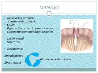 MANEJO

 Reparación primaria
  Anastomosis primaria
 Colon
  Reparación primaria y anastomosis
  Colostomía contaminación excesiva

 Lesión rectal
  Son raras

 Mecanismos


Empalamiento
                        Colostomía de derivación
Abuso sexual
 