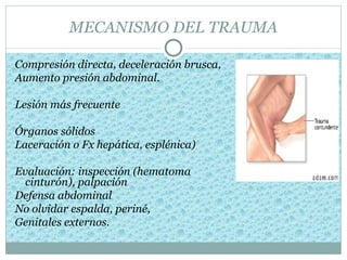 MECANISMO DEL TRAUMA

Compresión directa, deceleración brusca,
Aumento presión abdominal.

Lesión más frecuente

Órganos sólidos
Laceración o Fx hepática, esplénica)

Evaluación: inspección (hematoma
  cinturón), palpación
Defensa abdominal
No olvidar espalda, periné,
Genitales externos.
 