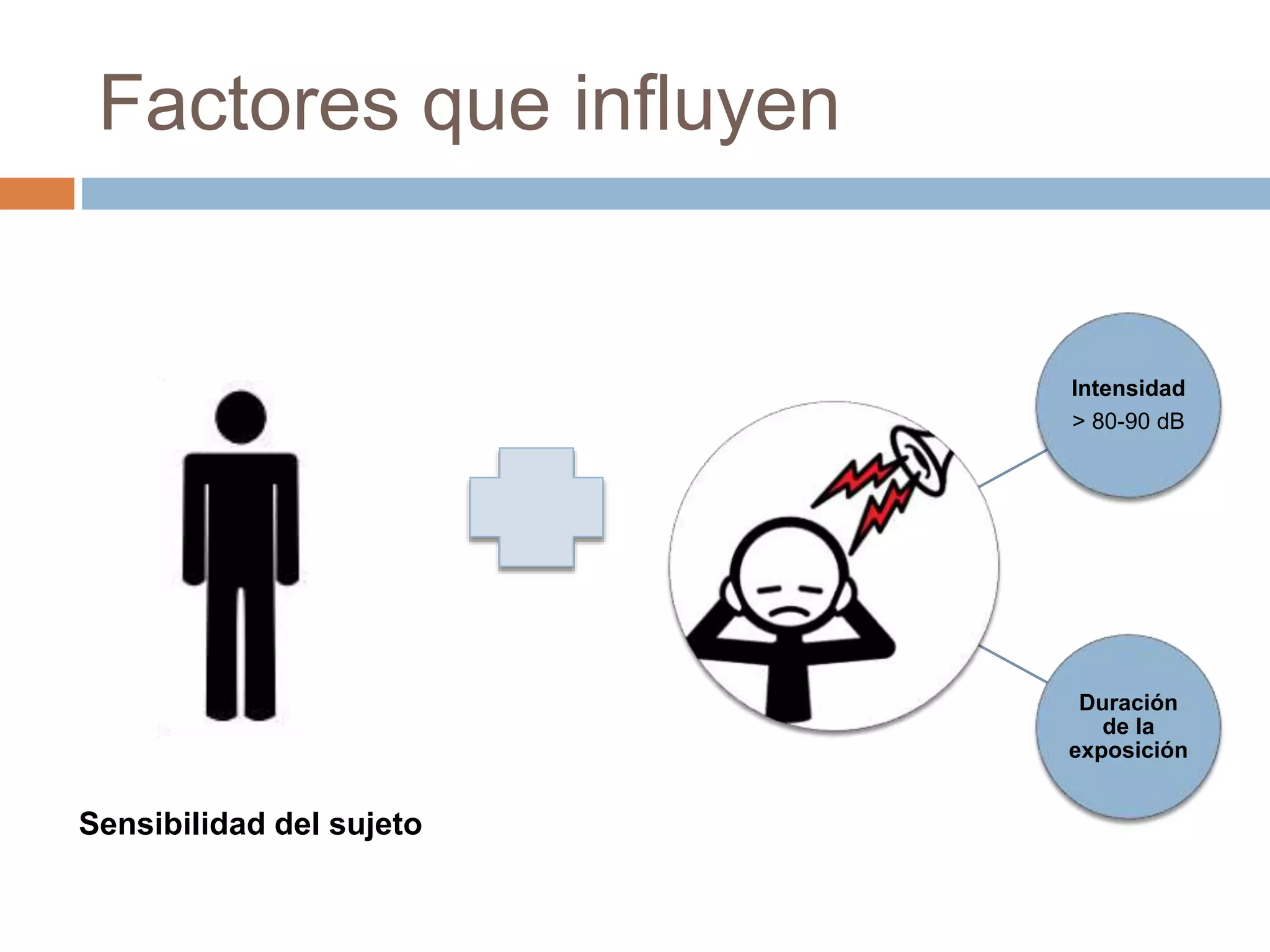 Factores que influyen
Sensibilidad del sujeto
Intensidad
> 80-90 dB
Duración
de la
exposición
 
