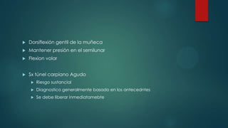  Dorsiflexión gentil de la muñeca
 Mantener presión en el semilunar
 Flexion volar
 Sx túnel carpiano Agudo
 Riesgo sustancial
 Diagnostico generalmente basado en los antecedntes
 Se debe liberar inmediatamebte
 