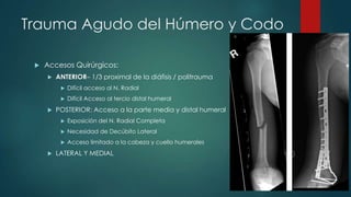 Trauma Agudo del Húmero y Codo
 Accesos Quirúrgicos:
 ANTERIOR– 1/3 proximal de la diáfisis / politrauma
 Difícil acceso al N. Radial
 Difícil Acceso al tercio distal humeral
 POSTERIOR: Acceso a la parte media y distal humeral
 Exposición del N. Radial Completa
 Necesidad de Decúbito Lateral
 Acceso limitado a la cabeza y cuello humerales
 LATERAL Y MEDIAL
 
