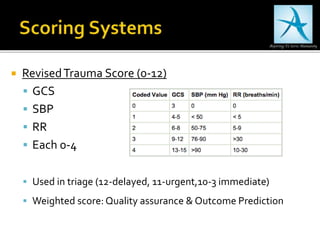 RevisedTrauma Score (0-12)
 GCS
 SBP
 RR
 Each 0-4
 Used in triage (12-delayed, 11-urgent,10-3 immediate)
 Weighted score: Quality assurance & Outcome Prediction
 