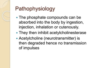 Pathophysiology
 The phosphate compounds can be
absorbed into the body by ingestion,
injection, inhalation or cutenously.
 They then inhibit acetylcholinesterase
 Acetylcholine (neurotransmitter) is
then degraded hence no transmission
of impulses
 