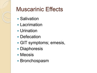 Muscarinic Effects
 Salivation
 Lacrimation
 Urination
 Defecation
 GIT symptoms; emesis,
 Diaphoresis
 Meosis
 Bronchospasm
 