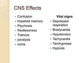 CNS Effects
 Confusion
 Impaired memory
 Psychosis
 Restlessness
 Tremors
 paralysis
 coma
Vital signs
 Depressed
respiration
 Bradycardia
 Hypotension
 Tachycardia
 Tarchypnoea
 Hypoxia
 