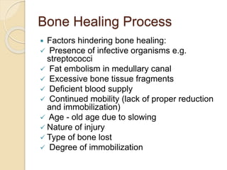 Bone Healing Process
 Factors hindering bone healing:
 Presence of infective organisms e.g.
streptococci
 Fat embolism in medullary canal
 Excessive bone tissue fragments
 Deficient blood supply
 Continued mobility (lack of proper reduction
and immobilization)
 Age - old age due to slowing
 Nature of injury
 Type of bone lost
 Degree of immobilization
 