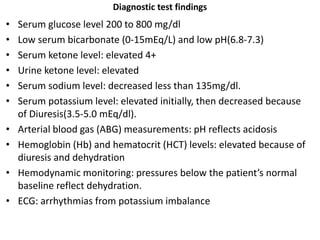 Diagnostic test findings
• Serum glucose level 200 to 800 mg/dl
• Low serum bicarbonate (0-15mEq/L) and low pH(6.8-7.3)
• Serum ketone level: elevated 4+
• Urine ketone level: elevated
• Serum sodium level: decreased less than 135mg/dl.
• Serum potassium level: elevated initially, then decreased because
of Diuresis(3.5-5.0 mEq/dl).
• Arterial blood gas (ABG) measurements: pH reflects acidosis
• Hemoglobin (Hb) and hematocrit (HCT) levels: elevated because of
diuresis and dehydration
• Hemodynamic monitoring: pressures below the patient’s normal
baseline reflect dehydration.
• ECG: arrhythmias from potassium imbalance
 