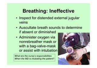 Breathing: Ineffective
 • Inspect for distended external jugular
   veins
 • Auscultate breath sounds to determine
   if absent or diminished
 • Administer oxygen via
   nonrebreather mask or
   with a bag-valve-mask
   or assist with intubation
What are the nurse’s responsibilities
When the MD is intubating the patient?
 