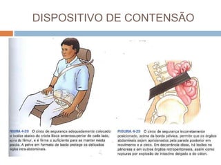 DISPOSITIVO DE CONTENSÃO
 Cintos de Segurança - Com a utilização de
dispositivos de contenção, a probabilidade de sofrer
lesões com risco de vida diminui
consideravelmente. Para que sejam eficientes, os
dispositivos de contenção devem ser usados
adequadamente, um dispositivo de contenção
usado inadequadamente pode não proteger na
eventualidade de colisão, podendo até mesmo
provocar lesão.
 