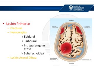 • Lesión Primaria:
– Fracturas
– Hemorragias
» Epidural
» Subdural
» Intraparenquim
atosa
» Subaracnoidea
– Lesión Axonal Difusa
 