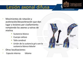Lesión axonal difusa
• Movimientos de rotación y
aceleración/desaceleración que dan
lugar a lesiones por cizallamiento
rompiendo los axones y vainas de
mielina
 Sustancia blanca
 Cuerpo calloso
 Tallo cerebral
 Unión de la sustancia gris con la
sustancia blanca lobular
• Otras localizaciones:
• Capsula interna tálamo
 